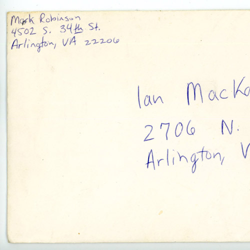 Letter written by Mark Robinson to Ian MacKaye, envelope